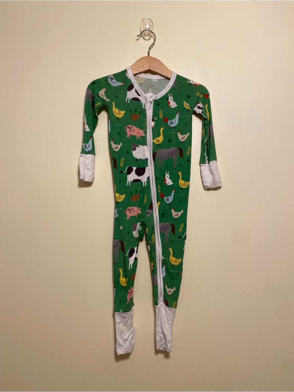 Little Sleepies Green Farm Animal One-Piece Pajamas. Size 6-12 months
